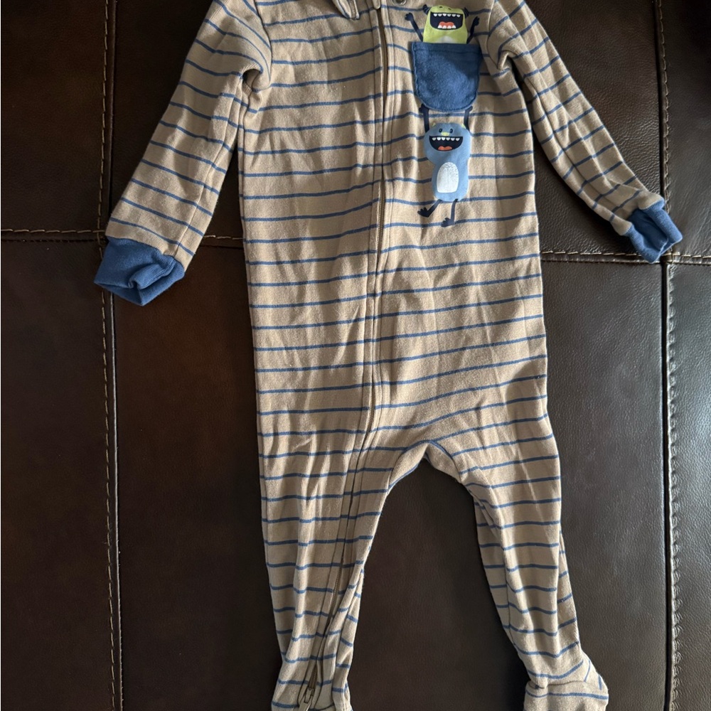 Carter's Tan and Blue Footed One Piece with Cozy Design 2 way zipper